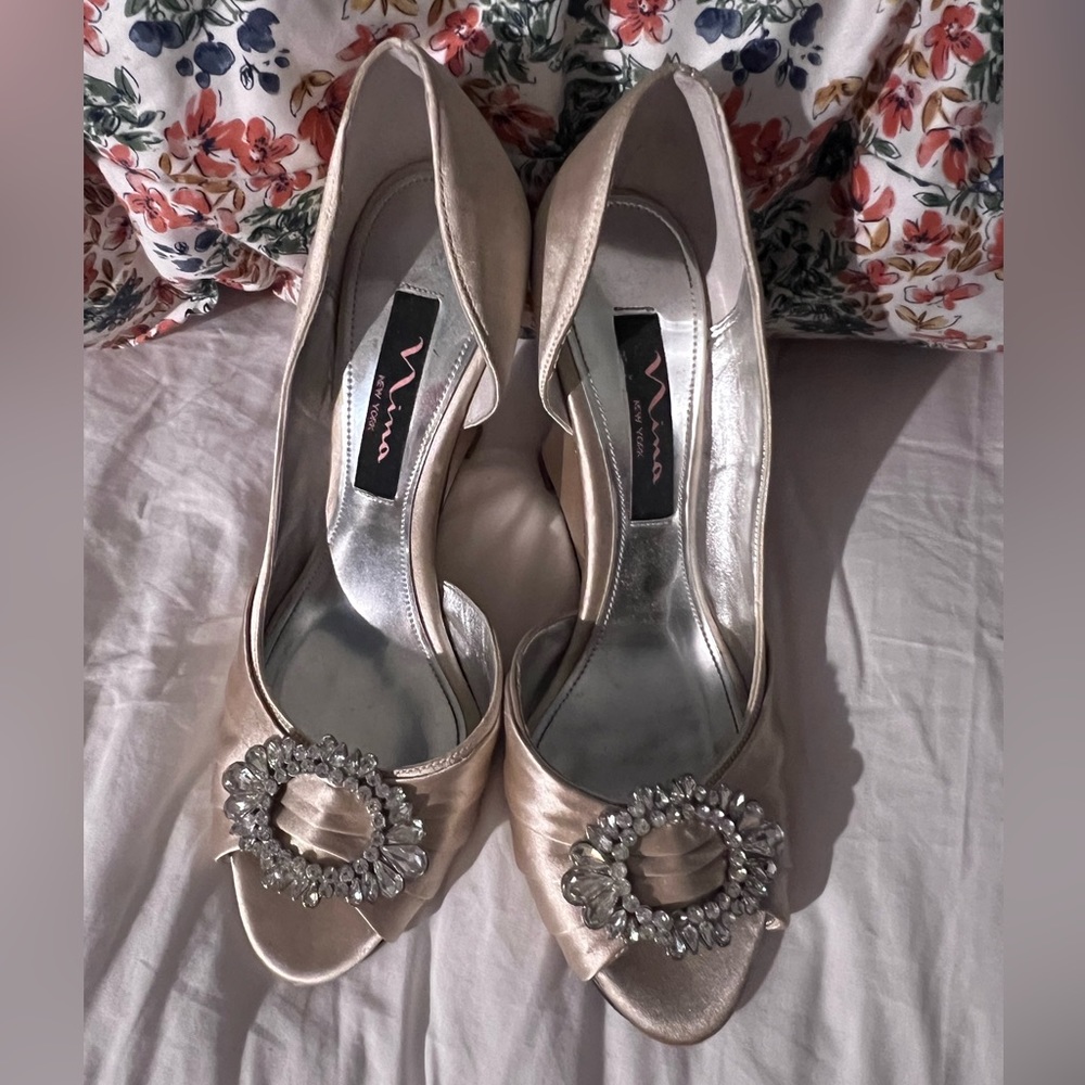 Nina Dorsay Peep Toe Satin Wedges with Brooch